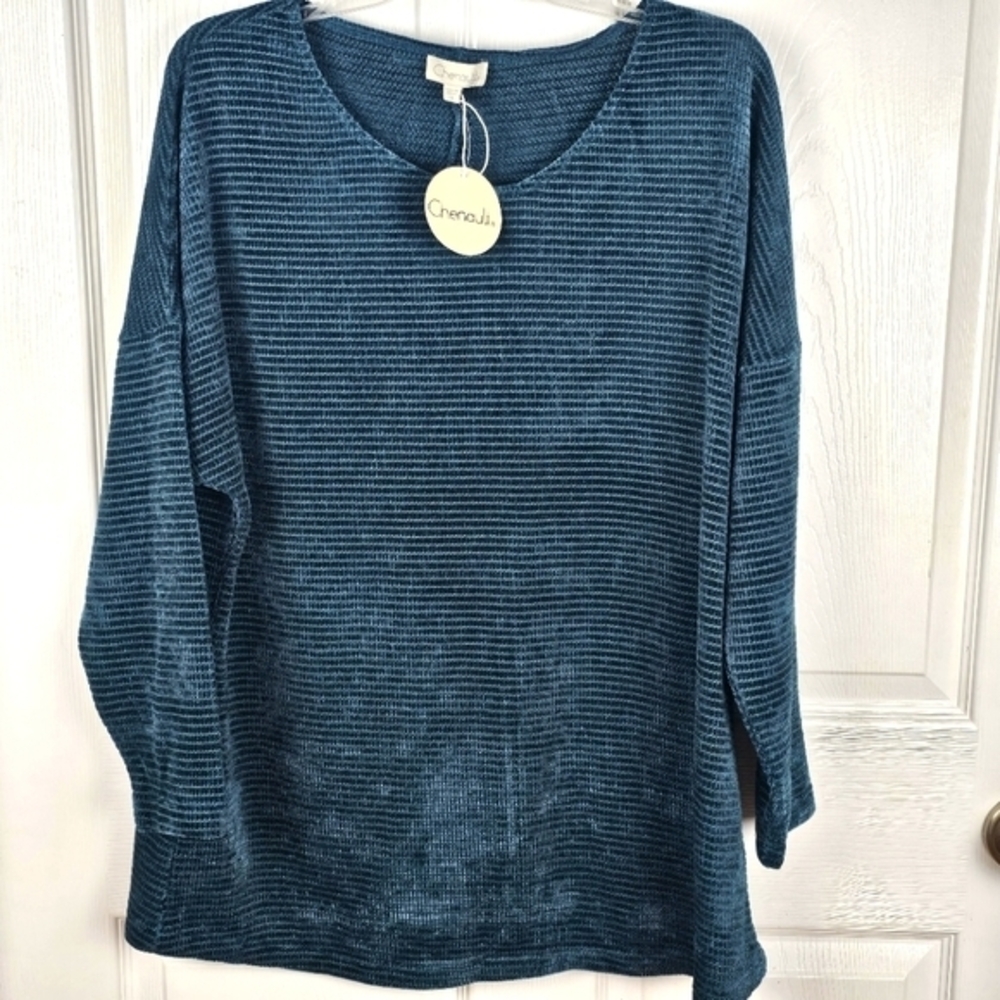 Chenault‎ Velour Striped Turquoise Long Sleeve Plus Size Blouse Top Shirt 1X NWT
